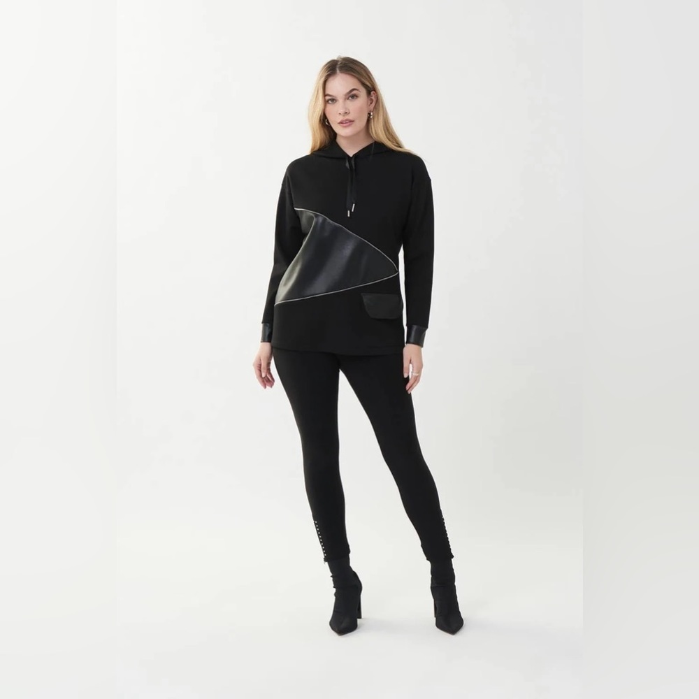 JOSEPH RIBKOFF Faux Leather 10 Black Hoodie Zipper Accent Drawstring Edgy Casual - Picture 9 of 10